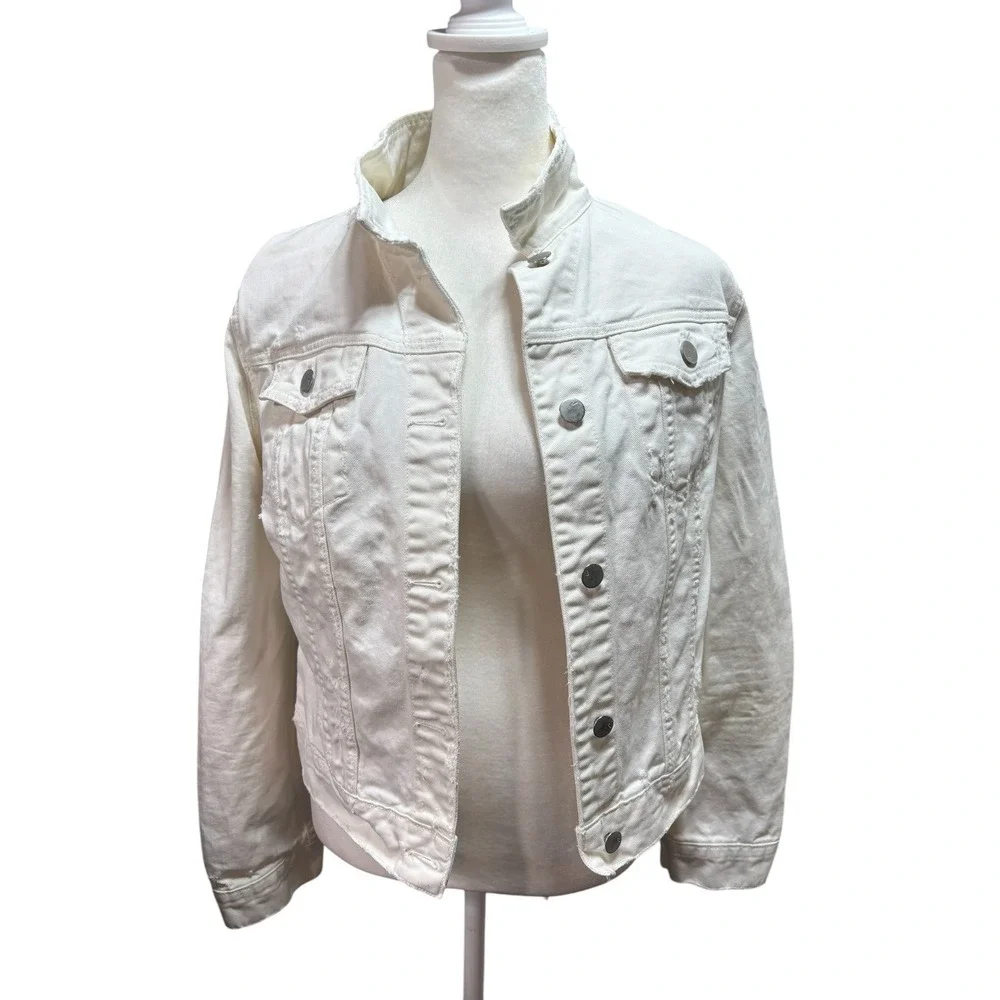 J Brand Womens White Distressed Denim Jacket Frayed Raw Hem Size M #896